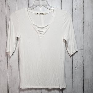 Michael Stars Women's White Ribbed Short Sleeve Knit T-Shirt One Size Style 9031